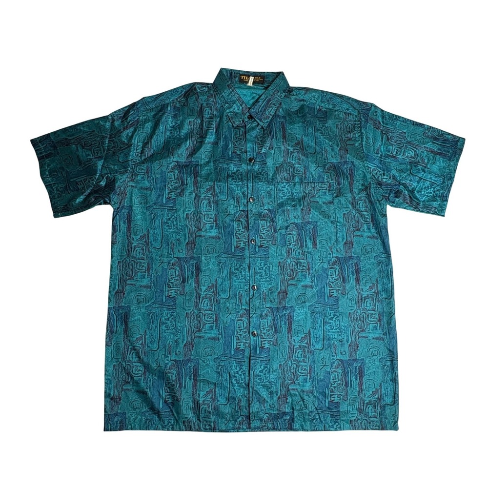 Thai Silk Collection Shirt Men XL Teal Vintage 90s Abstract Geometric Silk Boho